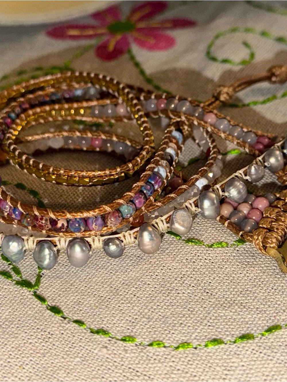 Handcrafted Multi Pinks and Gold Beaded Wrap Bracelet